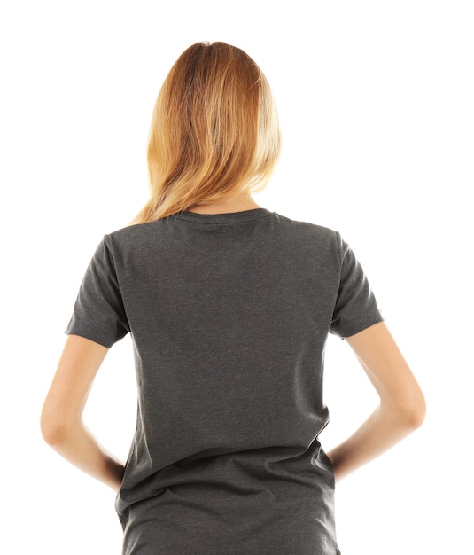 Young woman in blank grey tshirt on white background