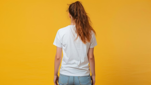 A young woman in a blank white tshirt is shown close up with the shirt39s front and rear isolated This is a mock up