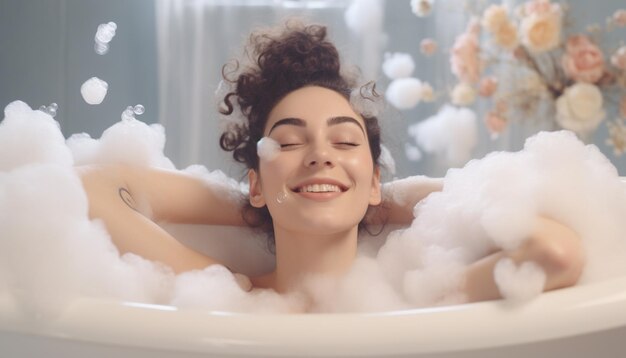 Young woman blowing soap bubbles and having fun in the bathroom