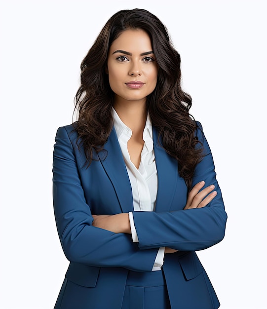 young woman in a blue business suit in the studio with her arms crossed with a white background