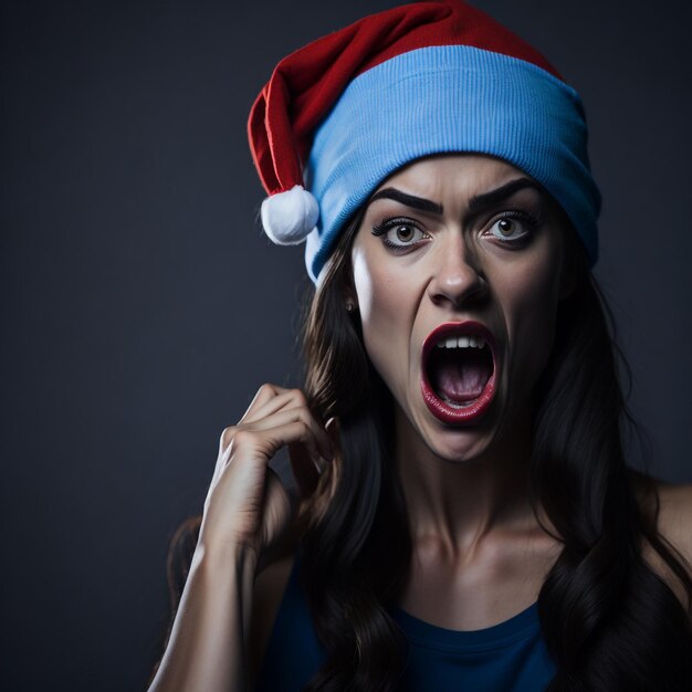 Premium AI Image | Young woman in blue top and santa hat looking ...