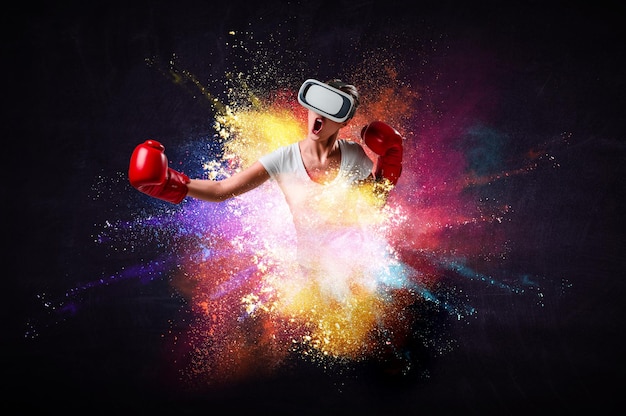 Young woman boxing. Mixed media