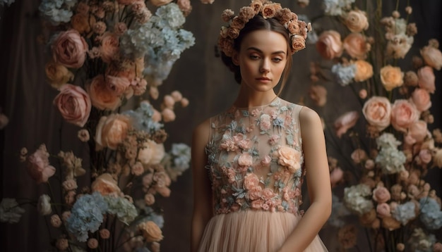 ブライダル ガウンを着た若い女性が、AI によって生成された花束を持っています。