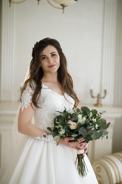 young woman bride trying on wedding dress at modern wedding,Happy and smiling