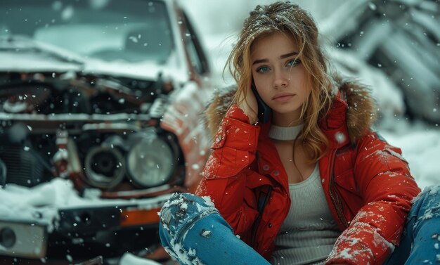 Young woman and broken car in winter forest