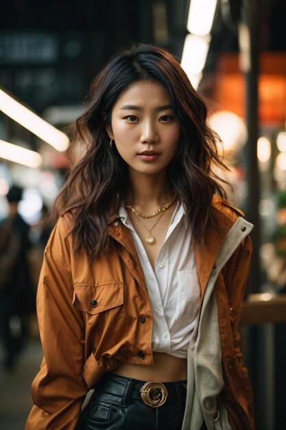 a young woman in a brown jacket and white shirt stands in front of a wall with a sign that says " fashion ".