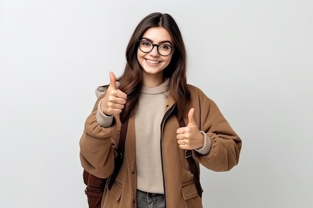 A young woman in a brown jacket with glasses is giving a thumbs up and smiling.