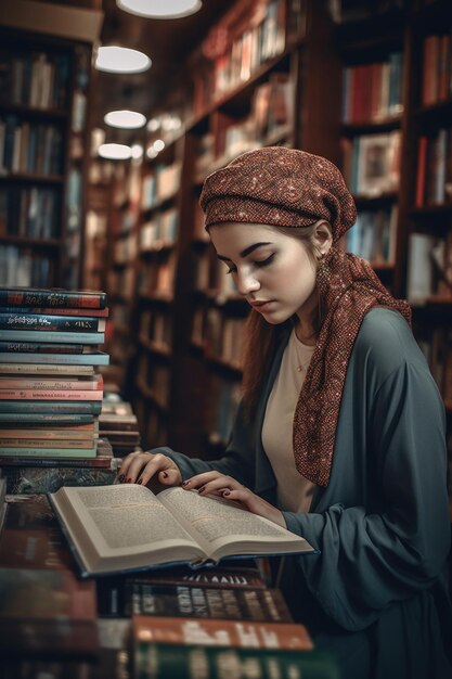 A young woman browsing books in a bookstore created with generative ai