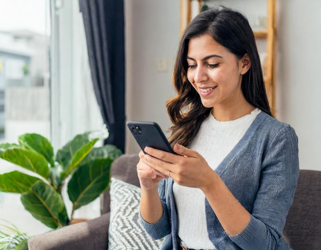 若い女性茶色の色で笑顔でメッセージを送っていますリビングルームの家で携帯電話をチェックしています