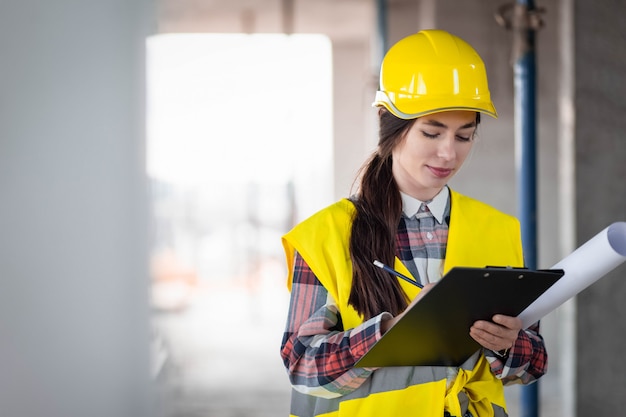 Young woman builder fills out construction documents