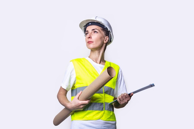 Молодая женщина в строительной одежде держит планшет и крафт-бумагу на светлом фоне