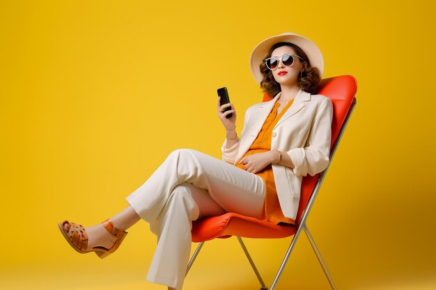 Young woman in business suit and hat sitting on red chaise lounge chair on yellow background