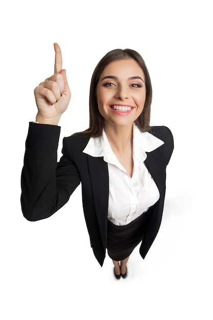 Young woman in business suit showing "I have idea"