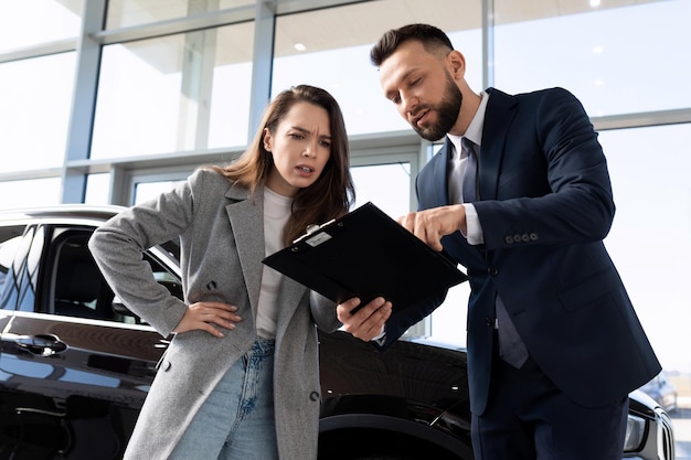 Photo young woman buyer in a car dealership understands the nuances of the contract when buying a new car