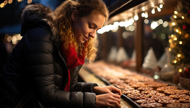クリスマス マーケットでジンジャーブレッド クッキーを買う若い女性