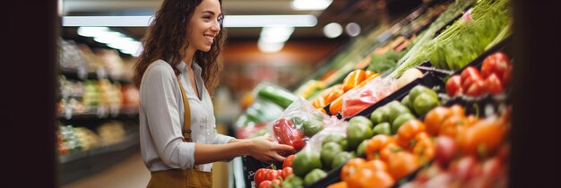 スーパーマーケットで食料品を買う若い女性