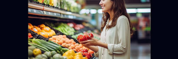 スーパーマーケットで食料品を買う若い女性