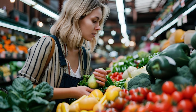 시장 에서 채소 를 구입 하는 젊은 여자