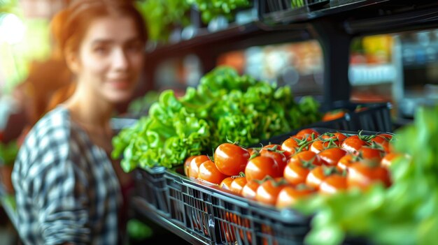 Photo young woman buys tomatoes in grocery store