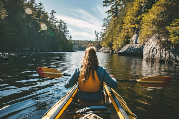 Young woman canoe or kayak adventure in nature