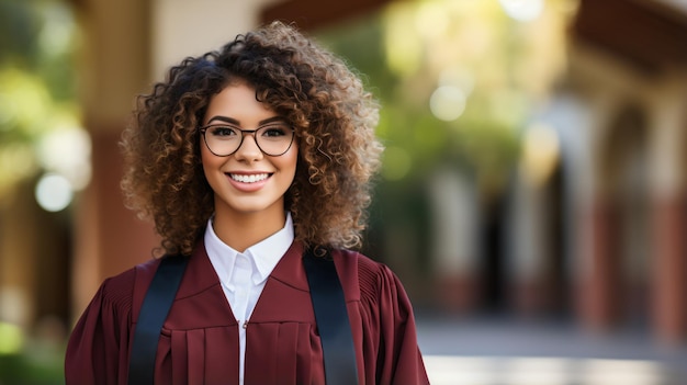 Photo a young woman in a cap and gown smiles for her graduation photo