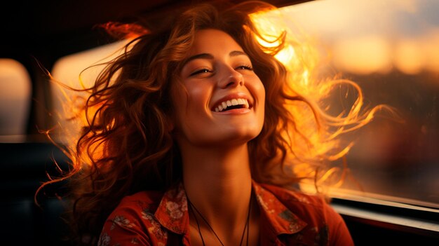 Foto giovane donna in un'auto l'auto ha il sole e sorrisi