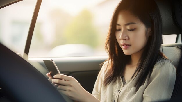 A young woman in a car using a phone