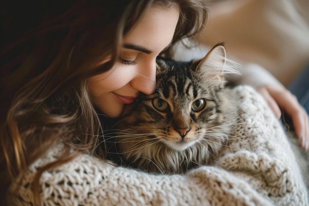 Young woman caressing adorable cat on sofa at home