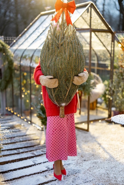 Young woman carries wrapped Christmas tree preparing to decorate it during a snowfall in the fabulously decorated yard of her house Concept of happy winter holidays and magic