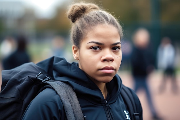 A young woman carrying her gym bag while in formation created with generative ai