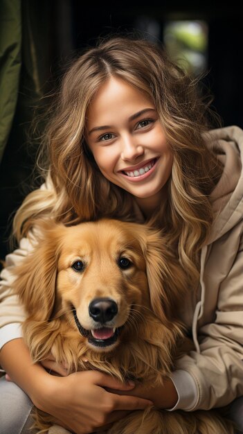 Photo young woman in casual attire sitting on the floor and cuddling a golden retriever