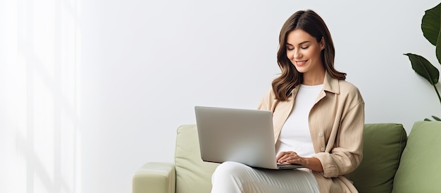 캐주얼 옷을 입은 젊은 여성이 안락의자에 앉아 흰 벽에 노트북을 대고 노트북을 사용하고 있습니다. 복사 공간 백인 여성이 노트북으로 인터넷을 서핑하고 있습니다.