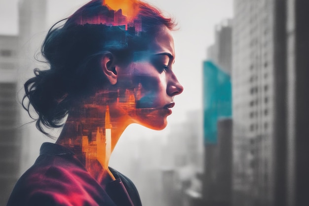 young woman in casual clothes standing in front of a city with colorful skyscrapers in the backgroun