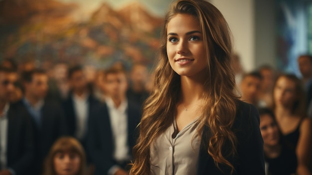 Young woman in casual clothes standing in front of her cameragenerative ai