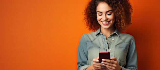 Молодая женщина в повседневной джинсовой одежде, изолированная на оранжевой стене, позирует для студийного портрета Концепция образа жизни с мобильным телефоном