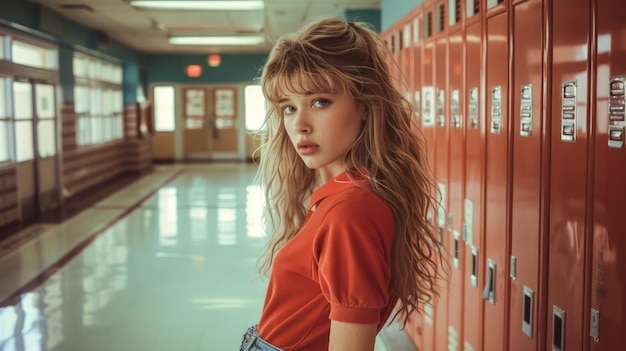 Photo young woman in casual outfit by school lockers with a thoughtful expression