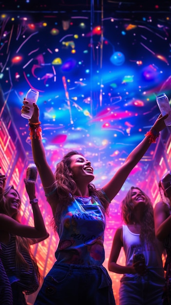 A young Woman celebrating a dance floor with an intense light show