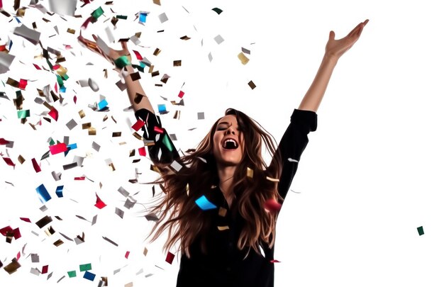 Foto giovane donna che celebra in festa con confetti di festa sullo sfondo bianco