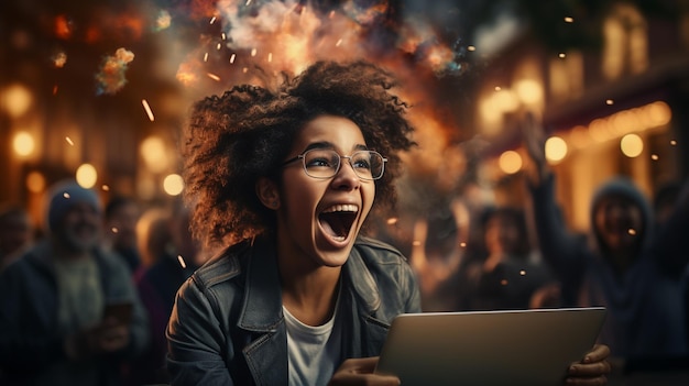 Photo young woman celebrating with a computer