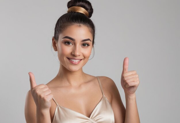 A young woman in a champagne satin top gives a double thumbs up her elegant updo and bright smile