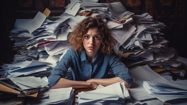 Foto una giovane donna con una camicia a scacchi è sopraffatta dalla quantità di lavoro che dovrebbe fare.