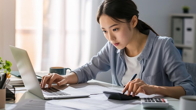 Young woman checking her budget and doing taxes