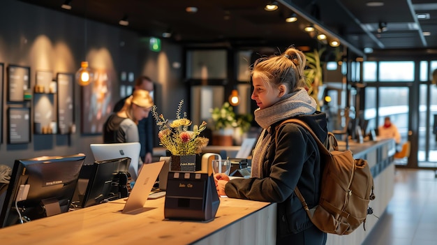 Young woman checking in at a hotel