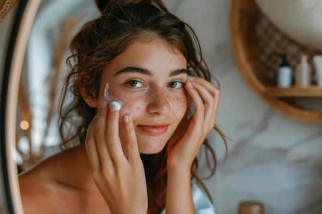 Young woman checks skin in mirror applies moisturizer happily