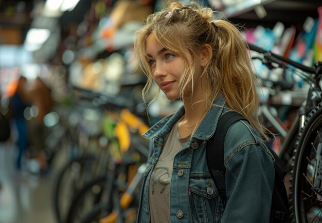 若い女性が自転車店で自転車を選びます