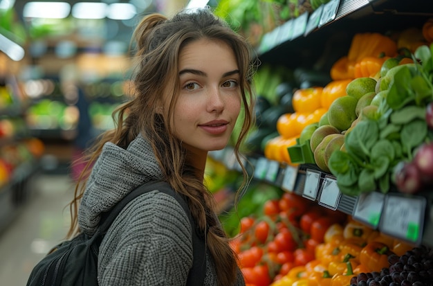 Young woman chooses fresh vegetables in the supermarket