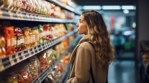 A young woman chooses products in a grocery store