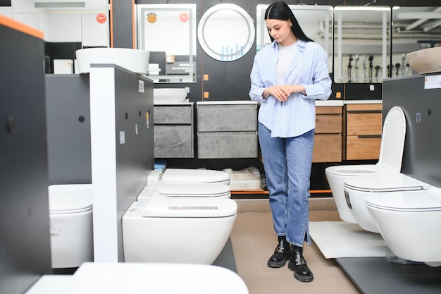 Photo young woman choosing bathroom toilet bowl and utensils for his home