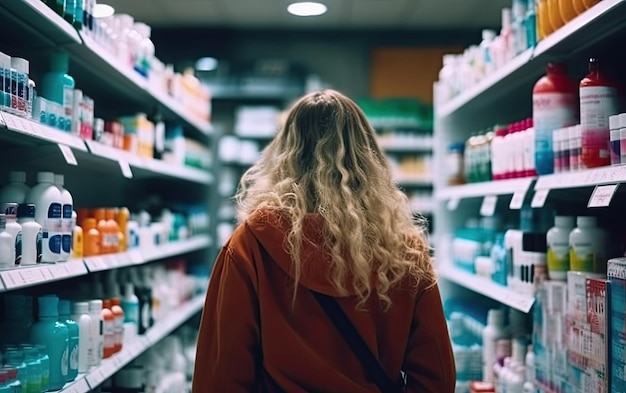 Young woman choosing to buy medicine in pharmacy drugstore