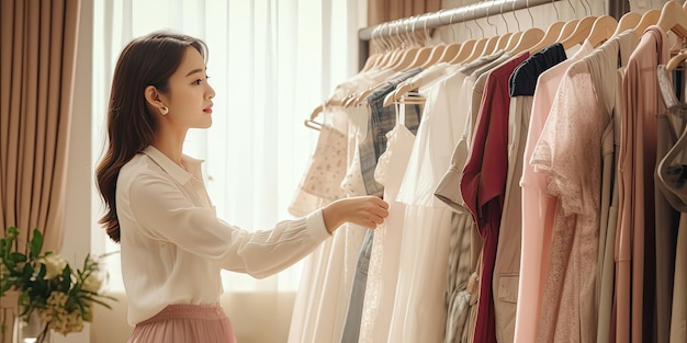 Young woman choosing dress on hanger near clothes in showroom